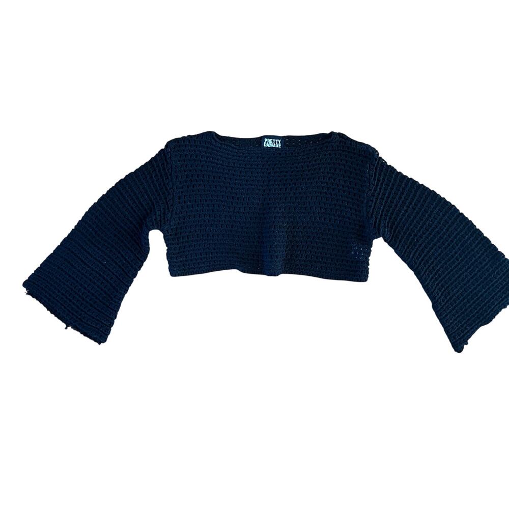 Pretty Damage Grunge Style Open Knit Cropped Black Sweater Bell Sleeve | L